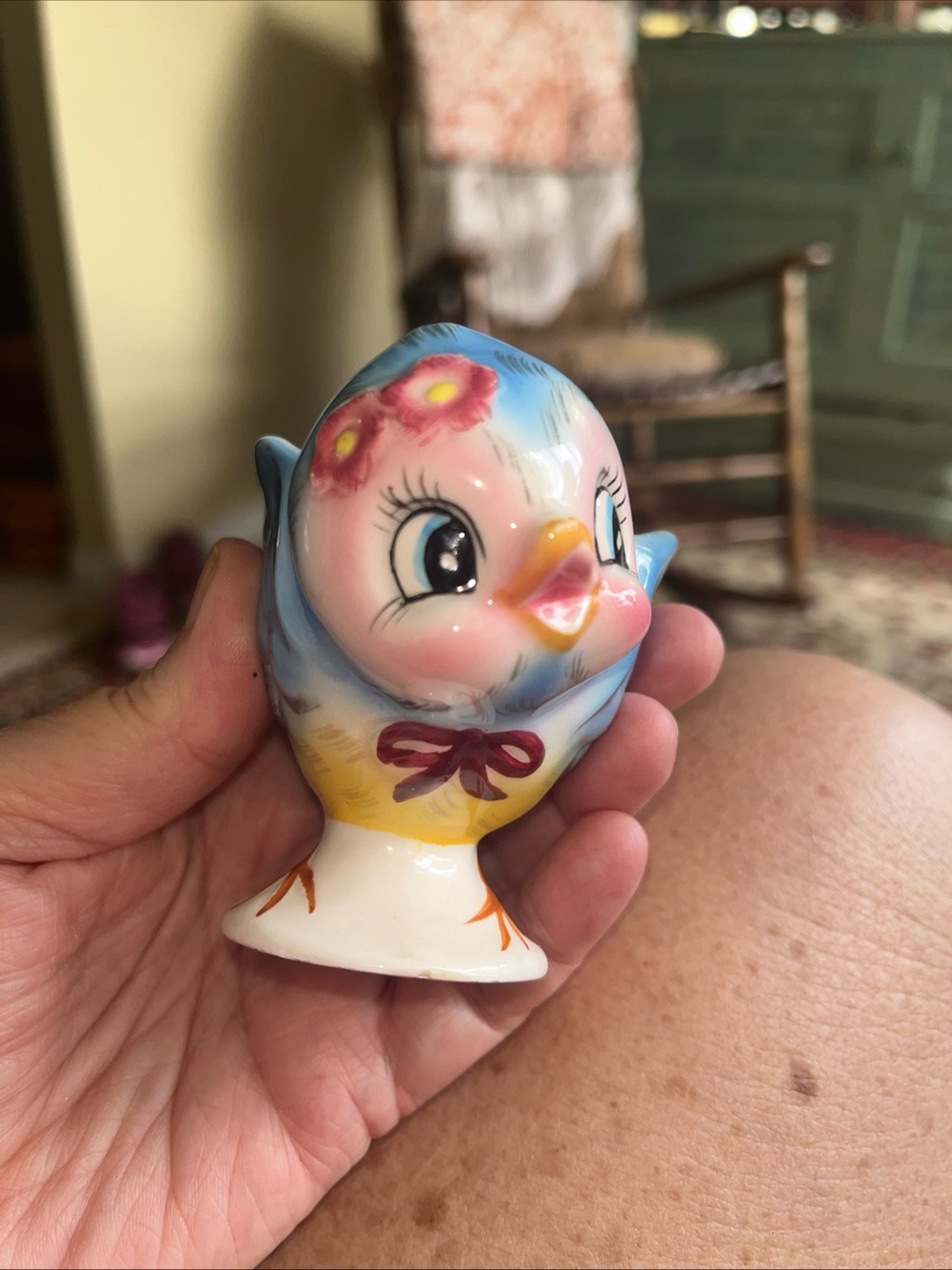 Lefton Blue, Pink and Yellow Ceramic Chick Figurine with Floral Detail